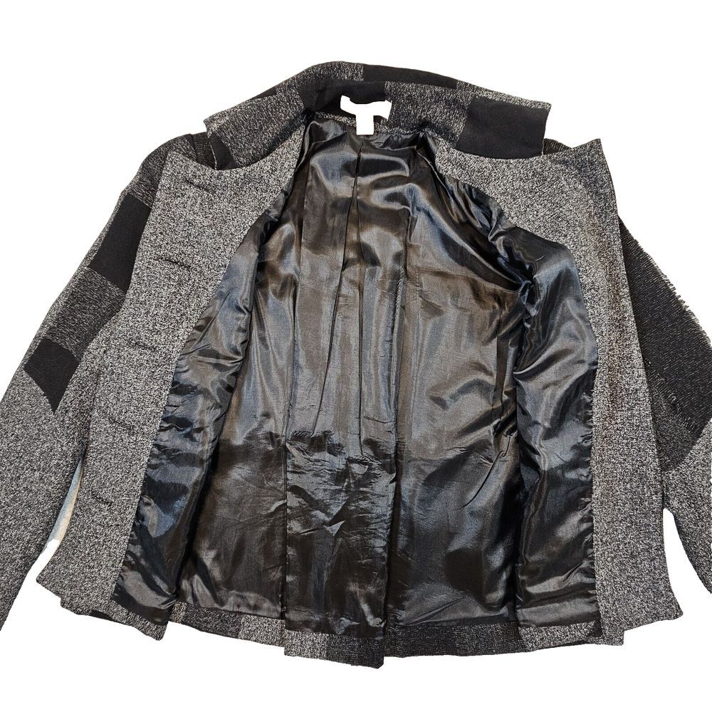 Coldwater Creek VTG Boxy Tweed Fringe Pleated Jacket Preppy Goth Plaid Gray 6 - Picture 5 of 15